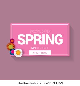 vector spring sale template banner. Spring sale pink label or background with beautiful flowers and text
