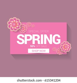 vector spring sale template banner. Spring sale pink label or background with beautiful flowers and text