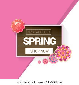 vector spring sale template banner. Spring sale pink label or background with beautiful flowers, wooden sign and text. Vector spring frame