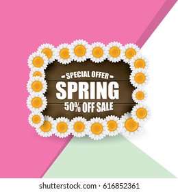 vector spring sale template banner. Spring sale pink label or background with beautiful flowers, wooden sign and text
