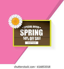 vector spring sale template banner. Spring sale pink label or background with beautiful flowers, wooden sign and text