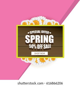 vector spring sale template banner. Spring sale pink label or background with beautiful flowers, wooden sign and text. Vector spring frame