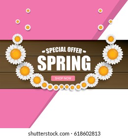 vector spring sale template banner. Spring sale pink label or background with beautiful flowers, wooden sign and text. Vector spring frame