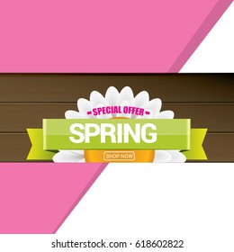 vector spring sale template banner. Spring sale pink label or background with beautiful flowers, wooden sign and text. Vector spring frame