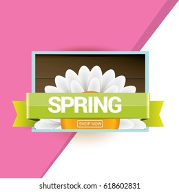 vector spring sale template banner. Spring sale pink label or background with beautiful flowers, wooden sign and text. Vector spring frame