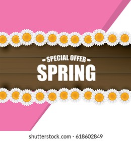 vector spring sale template banner. Spring sale pink label or background with beautiful flowers, wooden sign and text. Vector spring frame