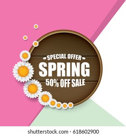 vector spring sale template banner. Spring sale pink label or background with beautiful flowers, wooden sign and text. Vector spring frame