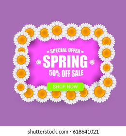 vector spring sale template banner. Spring sale pink label or background with beautiful flowers and text