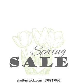 Vector Spring sale template with tulip flowers in pastel colors isolated on a white background. Vintage eco design for label, greeting card, invitation, gift decoration, sale design, scrapbooking