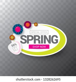 vector spring sale web banner isolated on transparent background. Abstract spring sale pink label or background with beautiful flowers and text. 