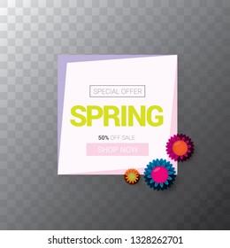 vector spring sale web banner isolated on transparent background. Abstract spring sale pink label or background with beautiful flowers and text. 