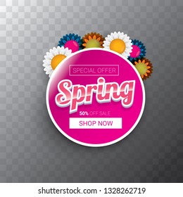 vector spring sale web banner isolated on transparent background. Abstract spring sale pink label or background with beautiful flowers and text. 