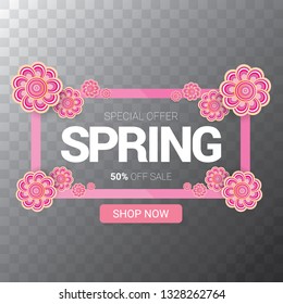 vector spring sale web banner isolated on transparent background. Abstract spring sale pink label or background with beautiful flowers and text. 