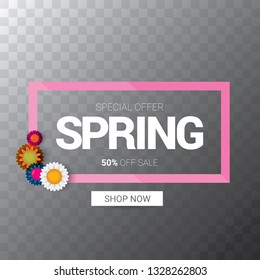 vector spring sale web banner isolated on transparent background. Abstract spring sale pink label or background with beautiful flowers and text. 