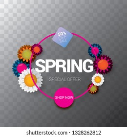 vector spring sale web banner isolated on transparent background. Abstract spring sale pink label or background with beautiful flowers and text. 