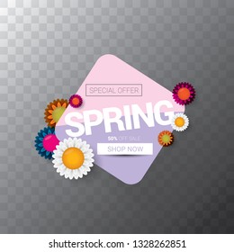 vector spring sale web banner isolated on transparent background. Abstract spring sale pink label or background with beautiful flowers and text. 