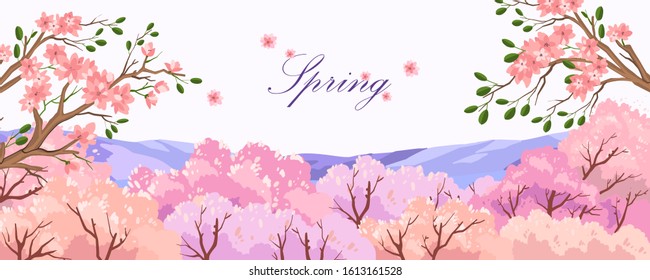 Vector spring scenery with sakura trees in blossom on the white background. Horizontal romantic banner with pink flowers and violet hills. Illustration for posters, landing pages, wedding typography