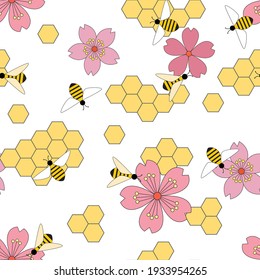 Vector spring seamless background with cherry flowers and bees.