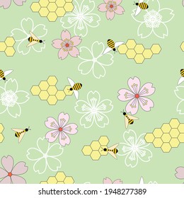 Vector spring seamless background with cherry flowers and bees.