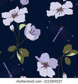 El fondo del muelle vectorial es transparente, con flores de cerezo y libélulas sobre un fondo azul oscuro. Para decoración textil, embalaje.