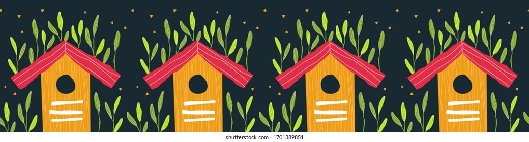 Vector spring seamless border with birdhouses, plants and insects. Hand drawn abstract spring decor for your design