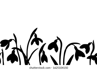 Vector spring seamless border with silhoette of snowdrops on white background.