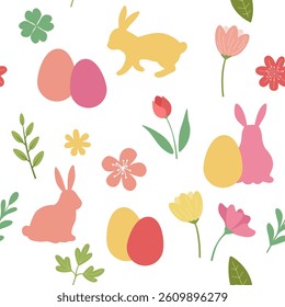 Vector spring seamless flower pattern with Easter bunny end eggs. 