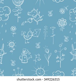 Vector spring seamless pattern with animals and plants on  blue background.
