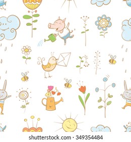 Vector spring seamless pattern with animals and plants on  blue background.