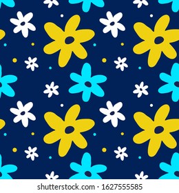 Vector spring seamless pattern with beautiful simple daisy flower on dark background. Flat style color flower pattern design for web site and fabric or textile print