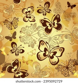 Vector spring seamless pattern with butterflies on a golden gradient background