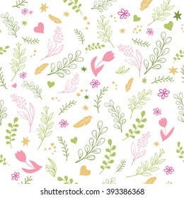 vector spring seamless pattern with colored flowers, leaves feathers and branches.