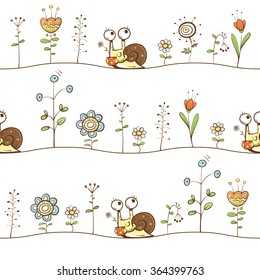 Vector spring seamless pattern with cute cartoon snails, flowers and  grass on  white background.