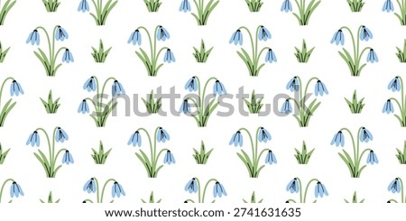 Vector spring seamless pattern with delicate blue snowdrop flowers and green grass on white background. Fresh floral meadow print for fabric, wallpaper, wrapping paper and seasonal branding.