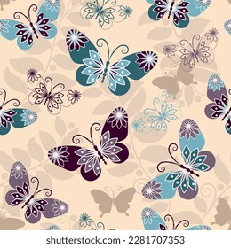 Vector spring seamless pattern with flying colorful butterflies