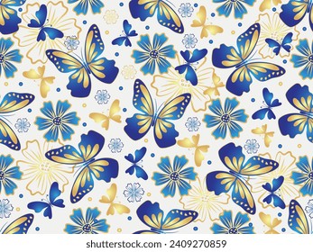 Vector spring seamless pattern with flying blue and golden gradient butterflies on white 