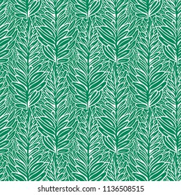 Vector spring seamless pattern with striped fern leaves in deep green. Elegant modern spring background. Bold print with leafs and foliage for summer decor. Simple summer botanical texture with fern