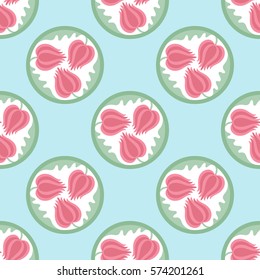 Vector spring seamless pattern of tulip flowers in pastel colors. Circle background.