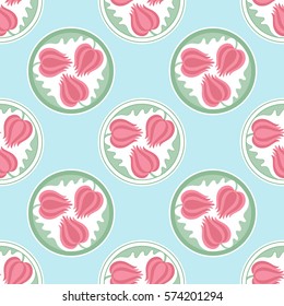 Vector spring seamless pattern of tulip flowers in pastel colors. Circle background.