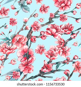 Vector spring seamless pattern vintage floral bouquet with pink blooming branches of cherry peach, pear, sakura, apple trees, flower botanical illustration on blue background