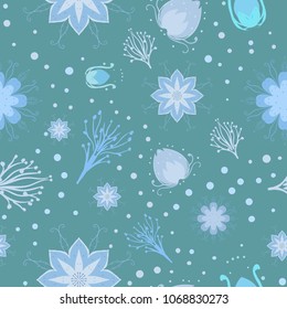 Vector spring seamless vintage pattern with flowers on a blue background for printing. Wallpaper, wrapper, cloth, paper, decoration, texture, textile.
