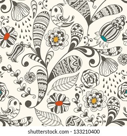 vector  spring seamless wallpaper  spring  floral pattern with  birds, hand drawn doodle style, fully editable eps 8 file with clipping mask and pattern in swatch menu
