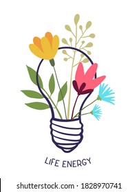 Vector spring season illustration of light bulb with flowers on white background