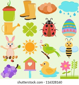 Vector of Spring season theme in pastel color, plant, boots, egg, rain, ladybug, Easter rabbit, bird, bee, flowers, sun. A set of cute and colorful icon collection isolated on white background
