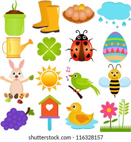Vector of Spring season theme - plant, boots, egg, rain, ladybug, Easter rabbit, bird, bee, flowers, sun. A set of cute and colorful icon collection isolated on white background