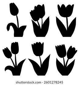 Vector spring set of black silhouette tulips isolated from background. Collection of shadow of blooming flowers clip arts for stickers and invitations.