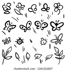 Vector spring set with blossoming plants, leaf and flying insects around flowers and butterflies, bugs, bee floral illustration.