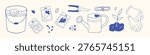 Vector spring set of blue gardening tools in hand drawn outline sketch monochrome style. Bucket with glove, seed packet, pruner, rope, watering can, sprout and glove for farm and organic agriculture.