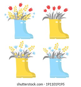 Vector spring set of bouquets, flowers and rubber boots.