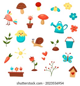 Vector spring set with flowers, mushrooms, birds, butterfly, carrot, sun, watering can, chicken, hearts, snail, birdhouse, bucket, leaves, berries. Bright summer. Cute child cartoon 
illustration